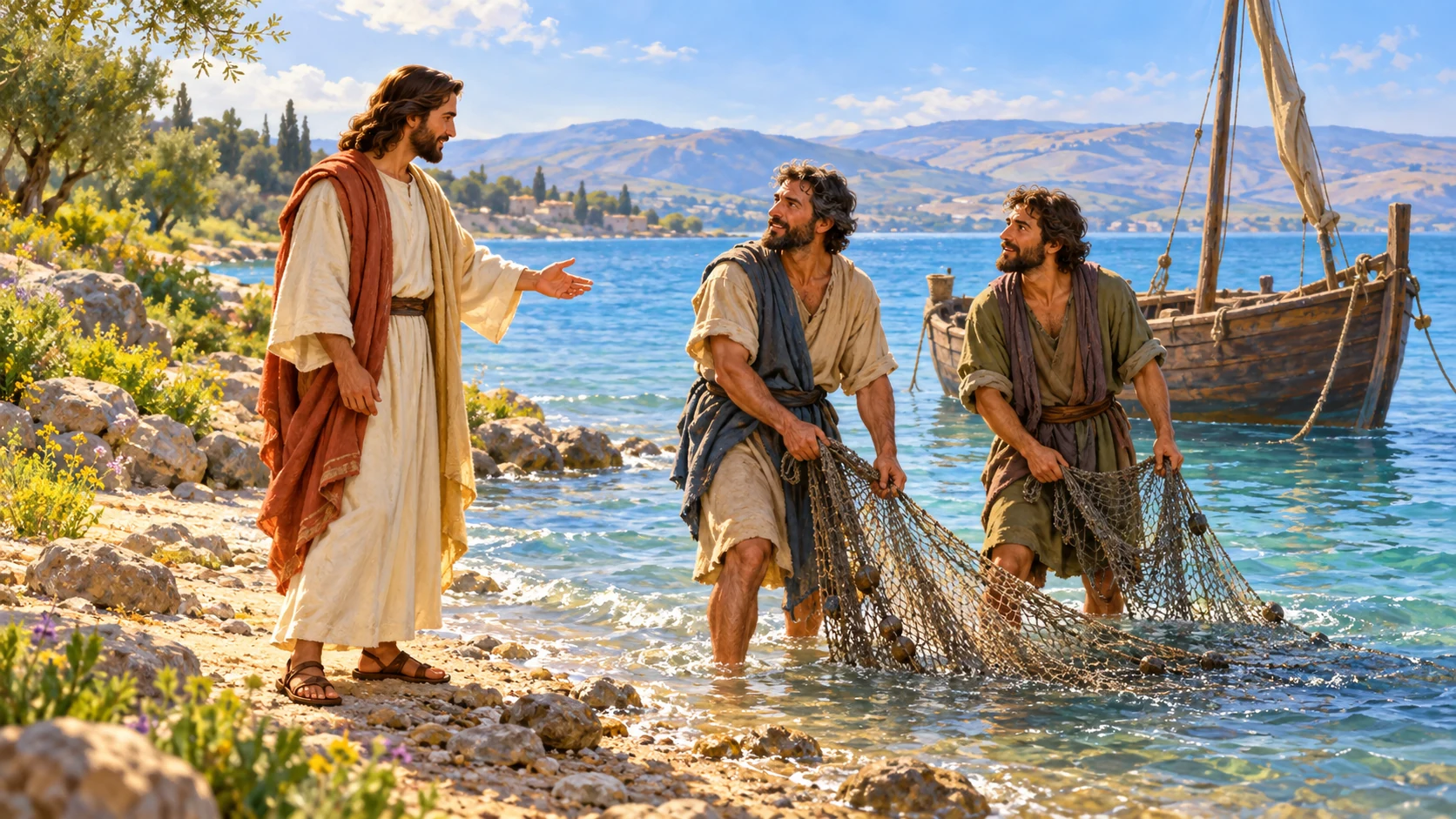 Jesus calls Simon Peter and Andrew as they fish with a net beside the Sea of Galilee.